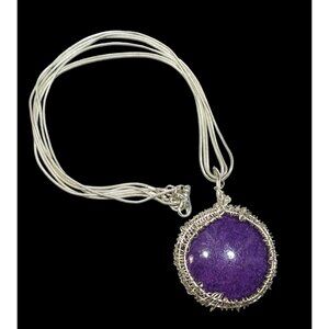 Whimsical Handmade Wire Wrapped Purple Stone On Layered Silver Tone Chain